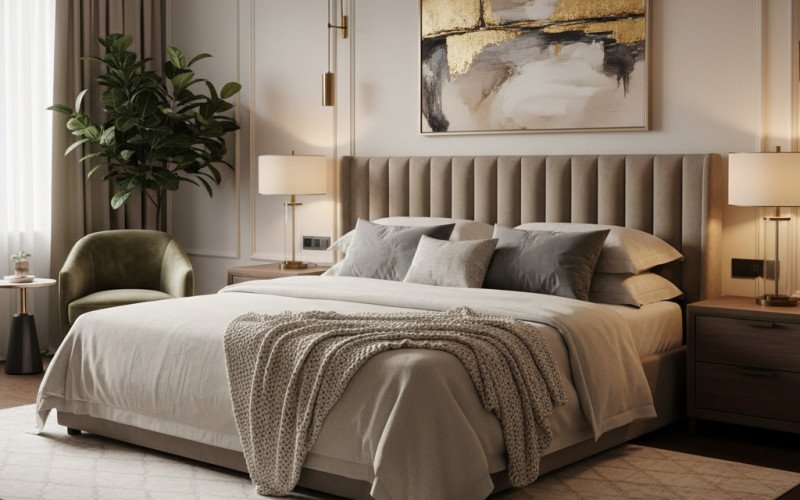 Luxury Bedroom Interior Design | Cozy Elegance with Layered Lighting & Velvet Textures